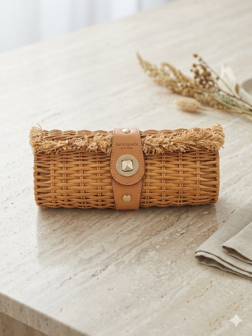 kate spade Tan Woven Straw Roll Clutch with Leather Strap